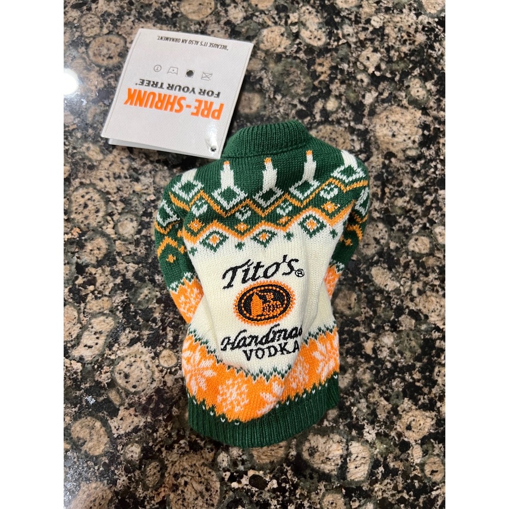 Titos Handmade Vodka Holiday Bottle Sweater Ornament Green Orange Fair Isle New